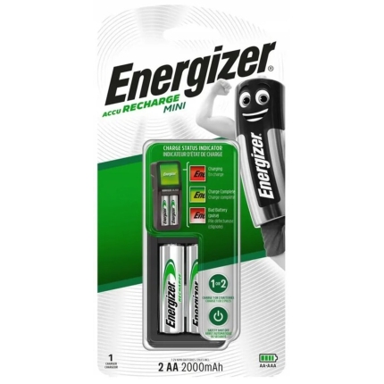 „Energizer Mini“ baterijų įkroviklis + 2 x R6/AA 2000 mAh baterijos