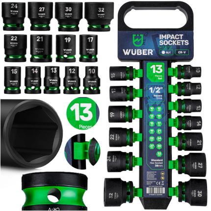 Smūginių galvučių rinkinys, 13 dalių, 1/2 colio, 6 kampų, W33013