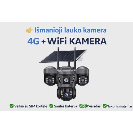 Lauko IP kamera V380 Pro 4G + WiFi su saulės baterija (3 objektyvai)